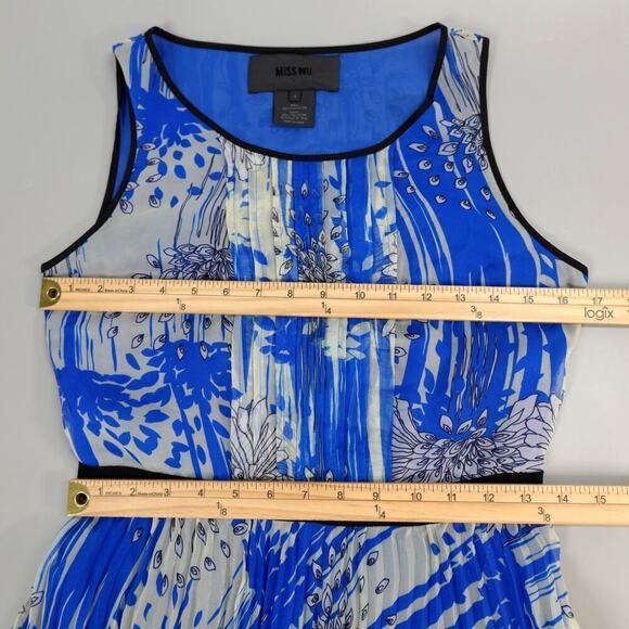 Miss Wu Sheer Dress Womens 4 Blue Floral Pleated Wedding Party Flowy Fairy - Picture 15 of 16